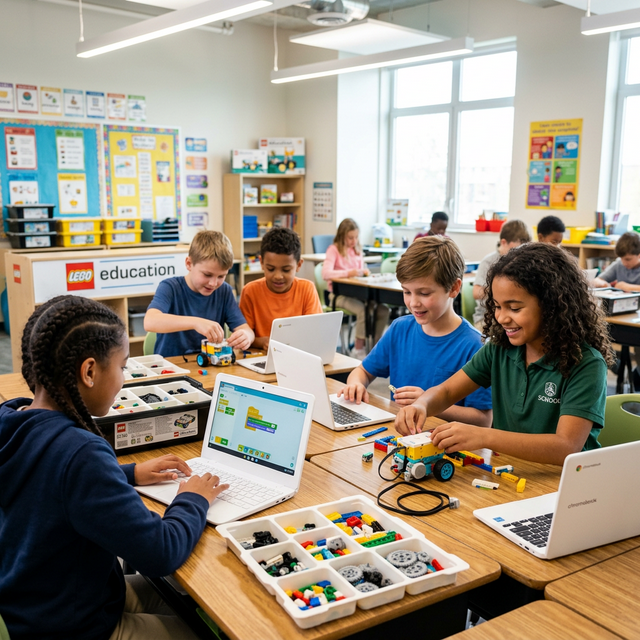 Students engaged in hands-on LEGO<sup>®</sup> Education robotics and coding activities in a modern classroom