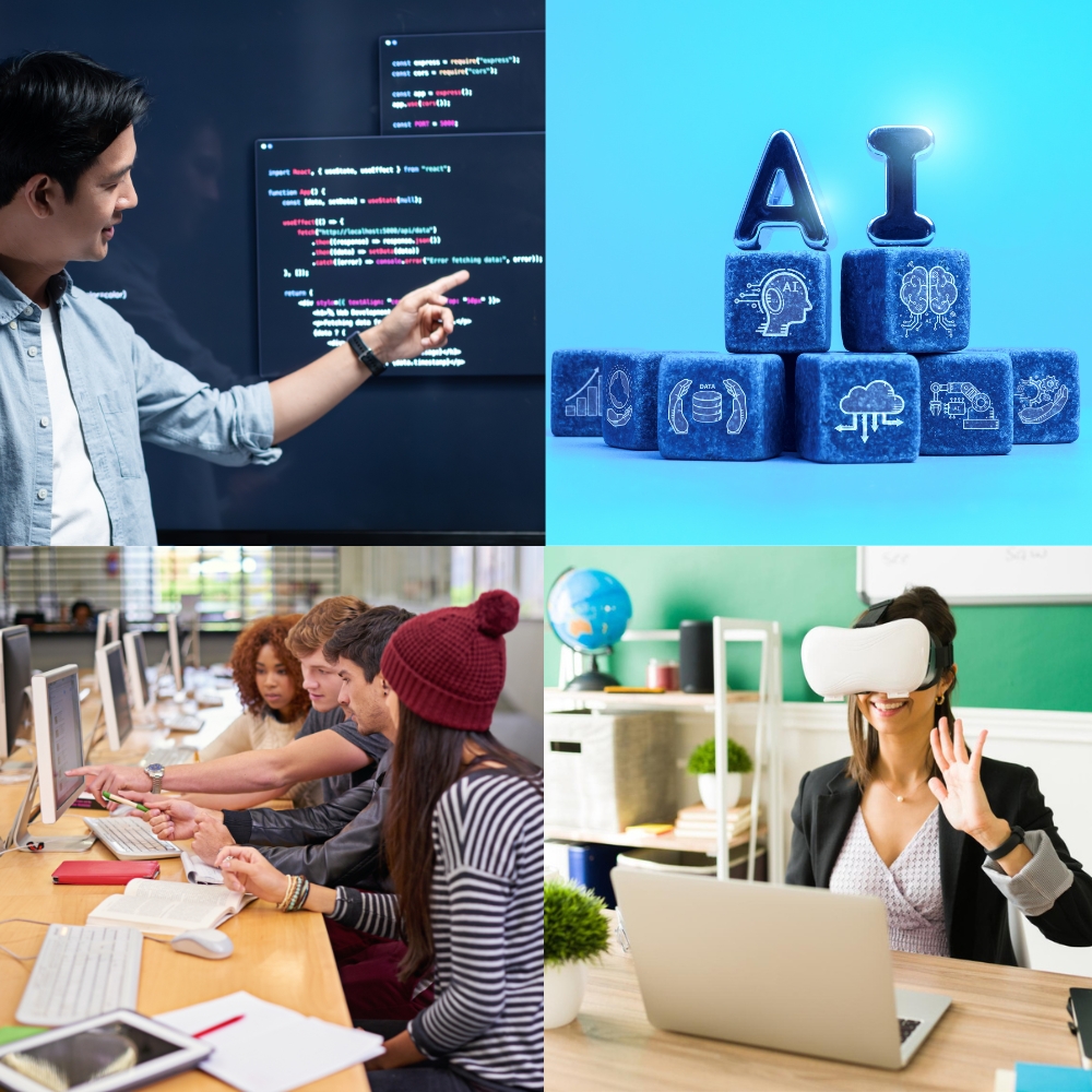 Collage of coding screens, AI concept cards, student projects, and teacher resources
