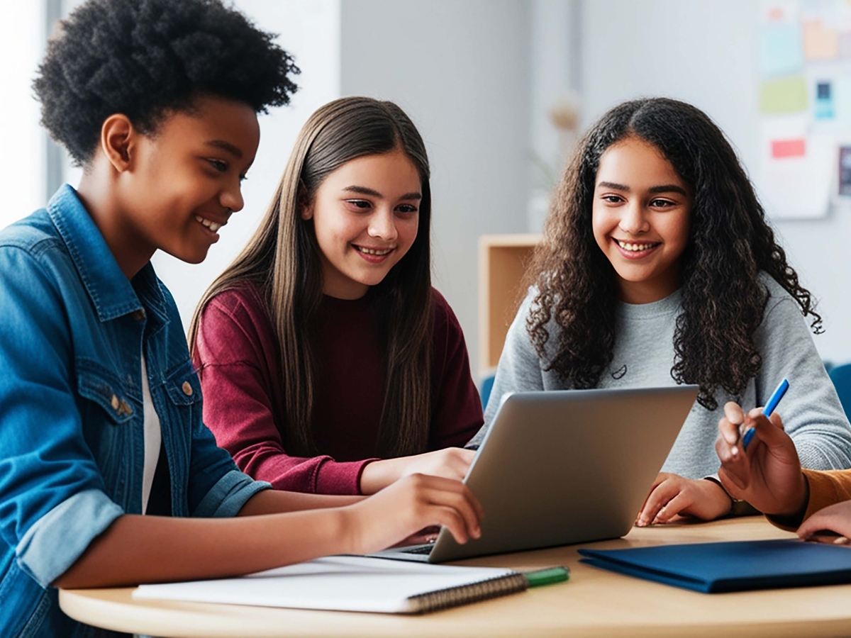 Students collaborating around laptops and tablets in a modern classroom