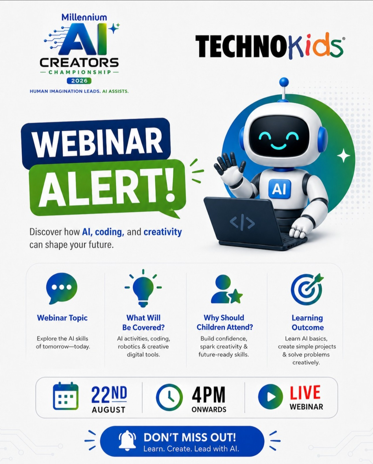 Millennium AI Creators Championship 2026 TechnoKids webinar alert poster
